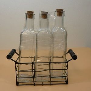 SET OF 4 Empty Glass BOTTLES with corks and basket